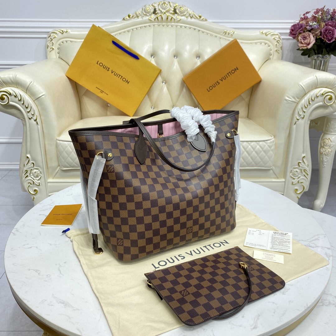 Louis Vuitton NEVERFULL MM Damier Azur Handbag N41603 Rose Ballerine